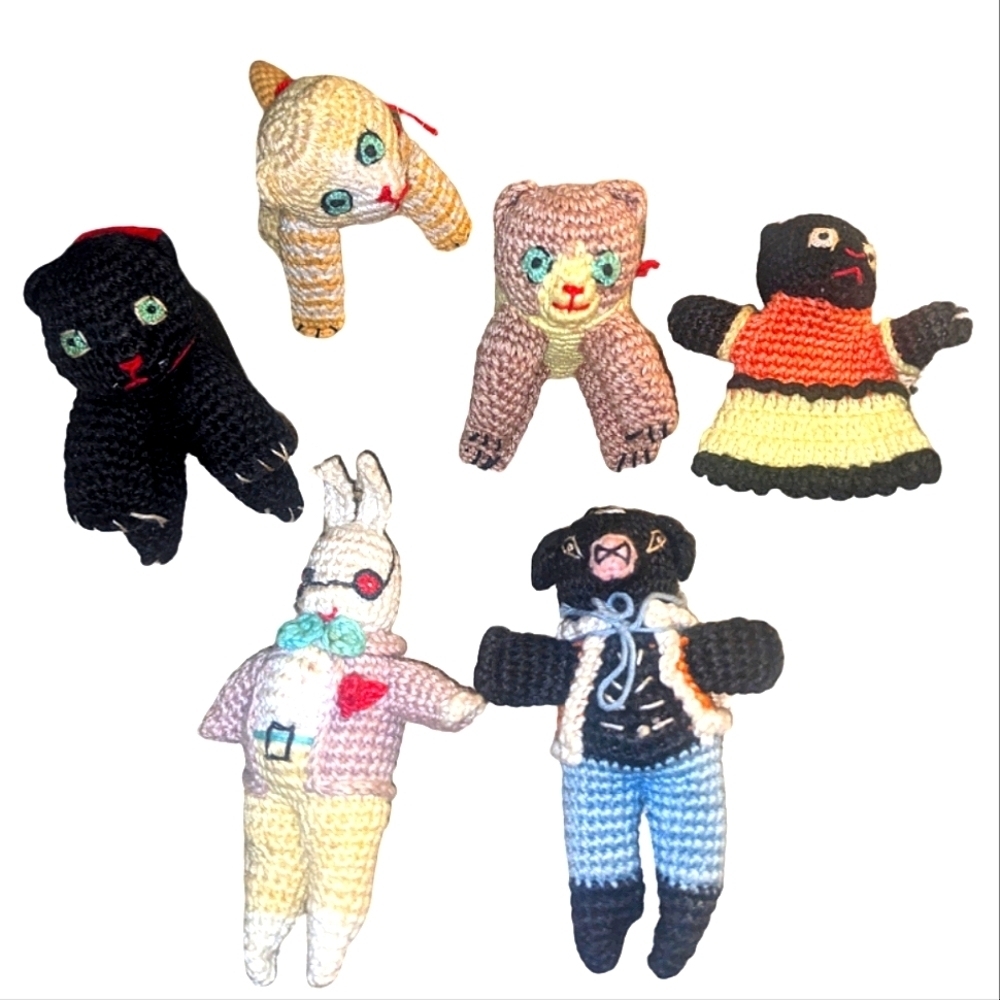 Crocheted Vintage Animals Circa 1970's Handmade Cats, Pig, Rabbit & Bear 6pc Set